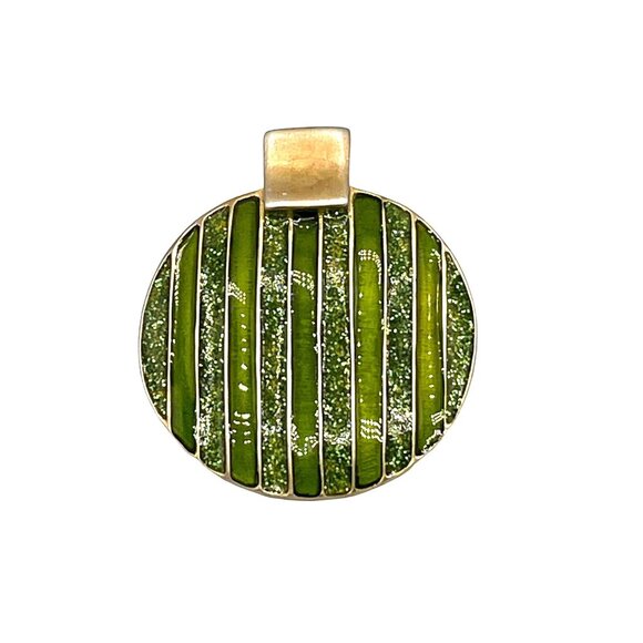 Vintage Green & Gold Tone Striped Enamel Xmas Ornament Pendant 1 1/2" Round - Picture 1 of 8